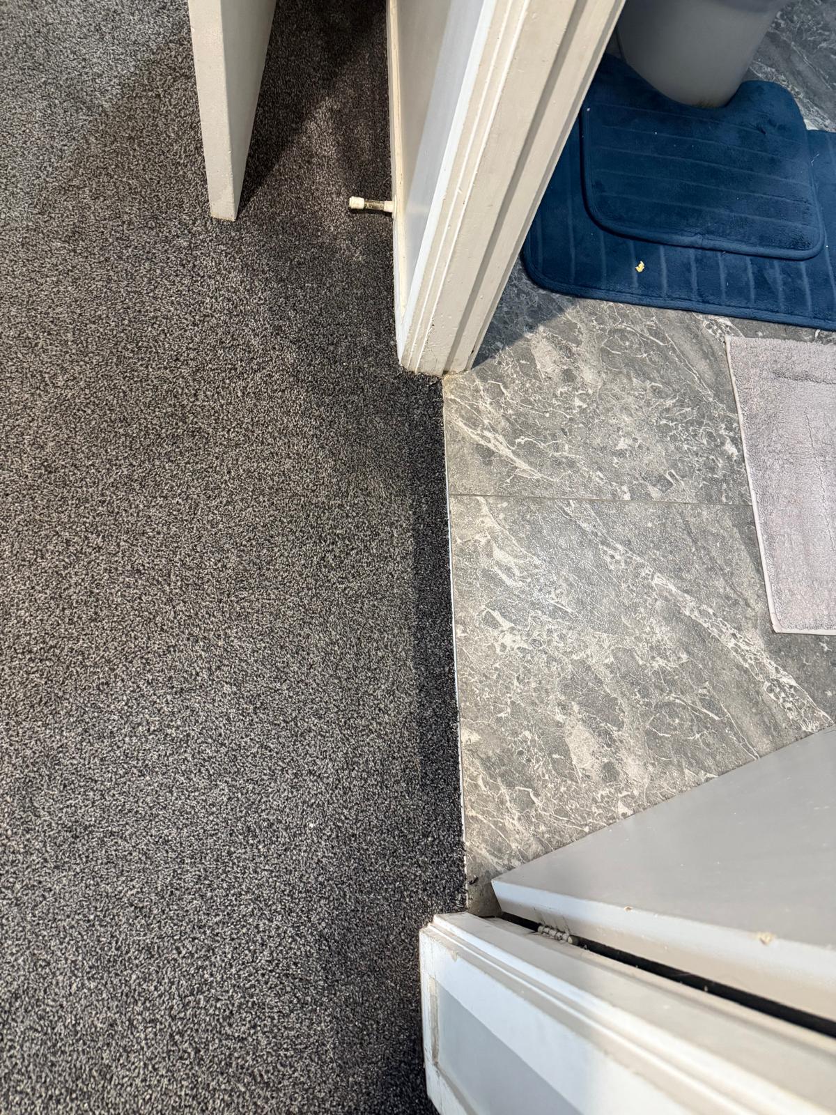 Charcoal carpet meeting bathroom tile with a clean, tight finished edge